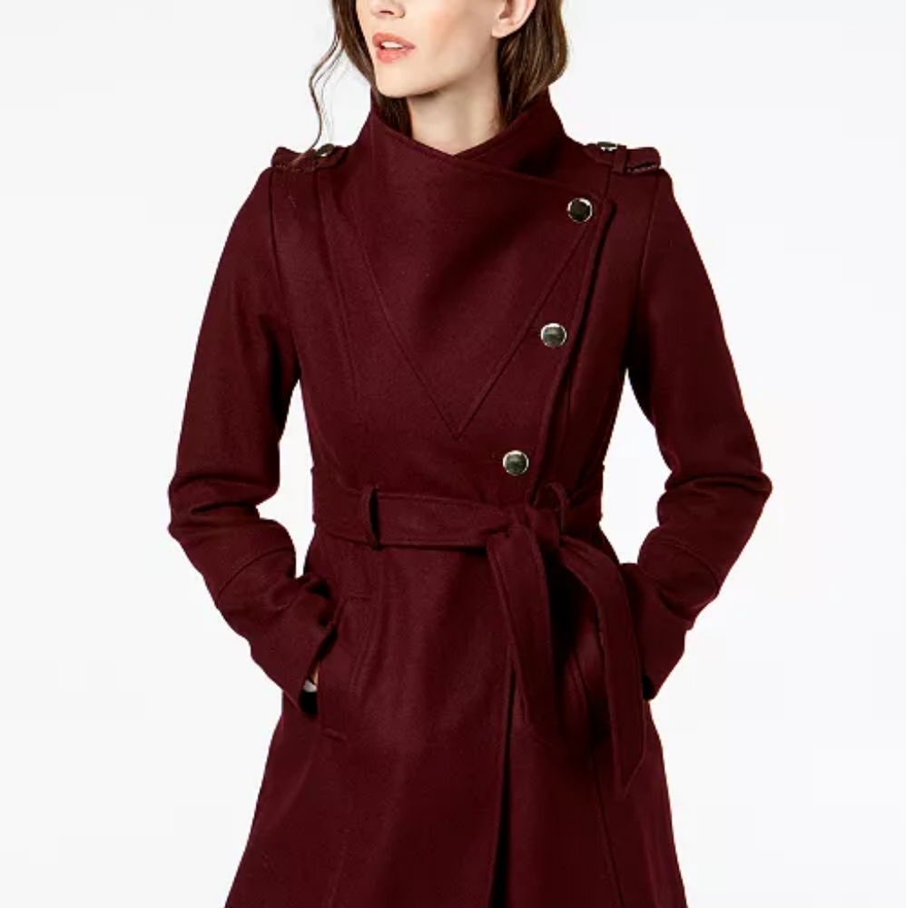 Guess Navy Blue Asymmetrical Belted Wool Wrap Coat, Size Medium